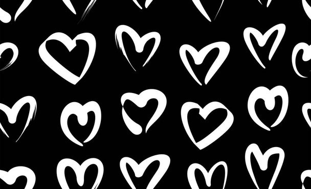 Seamless pattern with white hand drawn hearts. isolated on Black backgroun - Διάνυσμα, εικόνα
