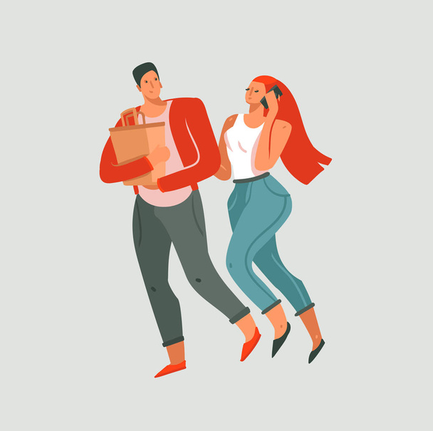 Vettore disegnato a mano astratto cartone animato grafica moderna Felice San Valentino concetto illustrazioni arte carta con camminare coppia insieme isolato su sfondo di colore pastello
 - Vettoriali, immagini