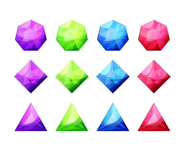 Set of different shaped crystals, gemstones, diamonds. Detailed colorful gems icons. Vector gui assets collection in cartoon style for game design and decoration isolated on white background. - ベクター画像