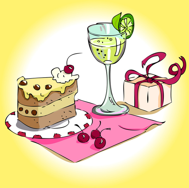 Still life with a glass, cake and gift - Vector, Image