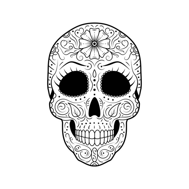 Black and white Day of The Dead Sugar Skull with detailed floral ornament. Mexican symbol calavera. Hand drawn line vector illustration. Woman tattoo sketch with eyelashes, pattern, flowers and leaves - Vektör, Görsel