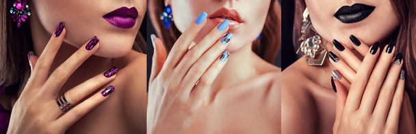 Modelo de moda de beleza com maquiagem diferente e design de unhas usando jóias. Conjunto de manicure. Três olhares elegantes
 - Foto, Imagem