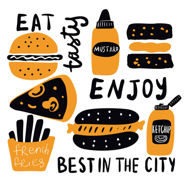 Funny hand drawn illustration of fast food with lettering. Ideal for fast food cafe advertising. Vector. - Vektor, kép