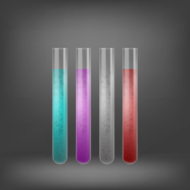 Kemiallinen koeputkisetti värillisillä nesteillä harmaalla hämärtyneellä taustalla
 - Valokuva, kuva