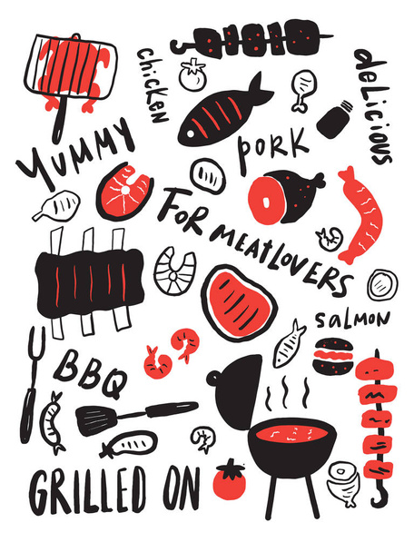 Grilled food. Hand drawn illustration of grilled meat, steak etc. Hand written lettering. Grill restaurant menu design template. Vector. - Vektor, kép