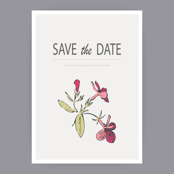 Botanik düğün davetiye kartı tasarım şablonu, elle çizilmiş Fuşya pembe çiçek yaprakları, pastel vintage kırsal tema beyaz kare çerçeve arka plan, minimalist vintage tarzı, vektör çizim ile - Vektör, Görsel