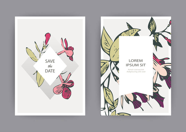植物結婚式招待状カード テンプレート デザイン手描きフクシア ピンクの花と葉、パステル調のヴィンテージ農村テーマ正方形フレーム ホワイト バック グラウンド、シンプルなビンテージ スタイル、ベクトル図 - ベクター画像