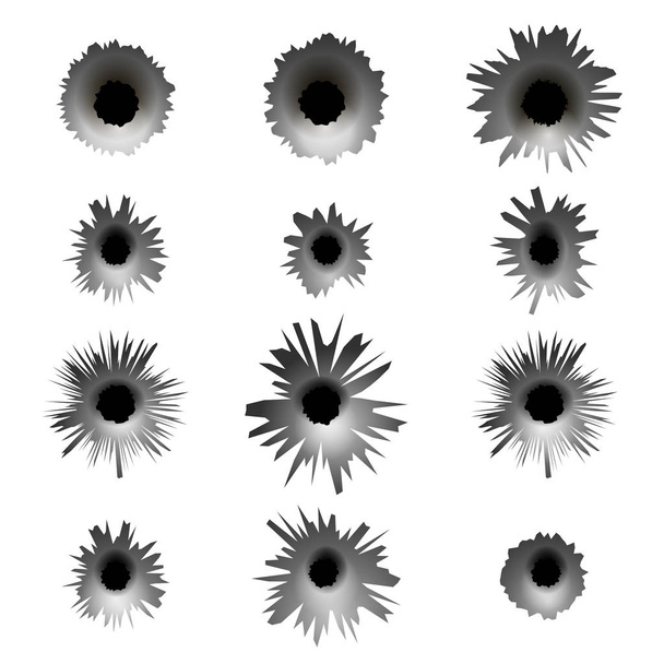 Conjunto de diferentes agujeros de bala aislados sobre fondo blanco
 - Foto, Imagen