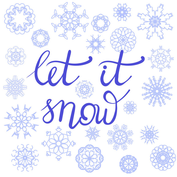Wintertypografisches Plakat. Handgezeichnete Phrase. Schriftzug auf blauem Schneeflocken-Hintergrund - Foto, Bild