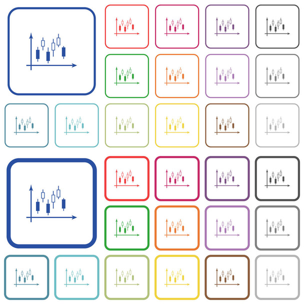 Gráfico de velas con ejes de color iconos planos en marcos cuadrados redondeados. Versiones finas y gruesas incluidas
. - Vector, imagen