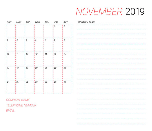 November 2019 asztali naptár vektoros illusztráció, egyszerű és tiszta design.  - Vektor, kép