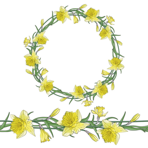Bouquet of yellow narcissus with green leaves. Endless horizontal brush and horizontal border. Floral garland, floral wreath.  Posters, textile etc. Cartoon narcissus vector illustration. Hand brush strokes line sketch style. Doodles. Style.  - Vector, imagen
