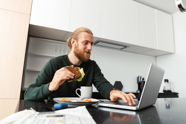 Busy young man working on laptop computer at home, sitting at the kitchen, drinking tea, having lunch - 写真・画像