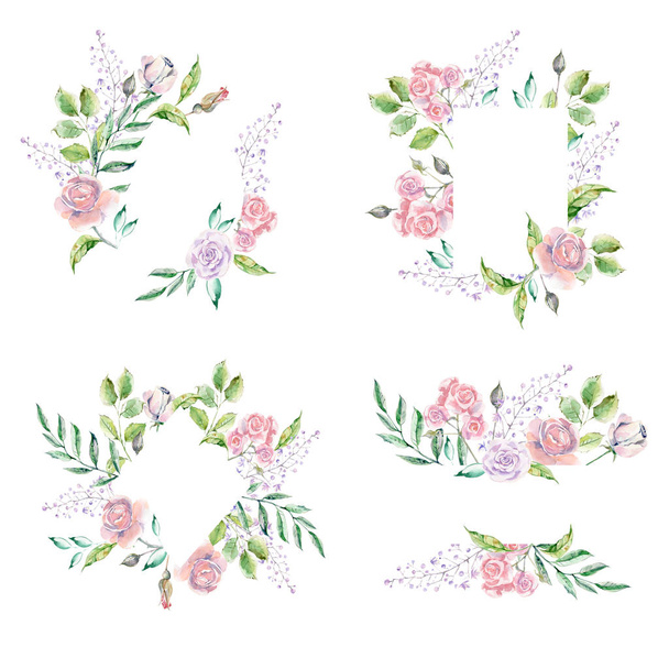 Watercolor frame for wedding or romantic design. Floral composition, natural beauty. Hand drawn illustration. - 写真・画像