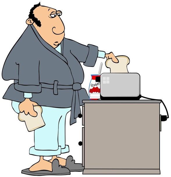 Εικονογράφηση ενός κουρασμένου ανθρώπου φορώντας μια ρόμπα και πιτζάμες ρίψη φέτες ψωμί σε μια ηλεκτρική φρυγανιέρα. - Φωτογραφία, εικόνα