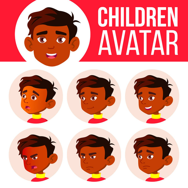 Indický chlapec Avatar Set Kid vektor. Základní škola. Tvář emoce. Ploché, portrét. Aktivní, Joy. Plakát, klipart. Kreslený obrázek hlavy - Vektor, obrázek