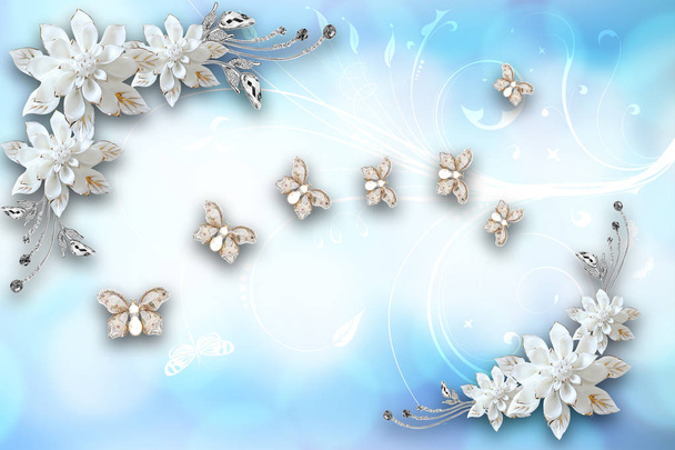 3d flower , butterfly sky and flower home brick wall background - Photo, Image