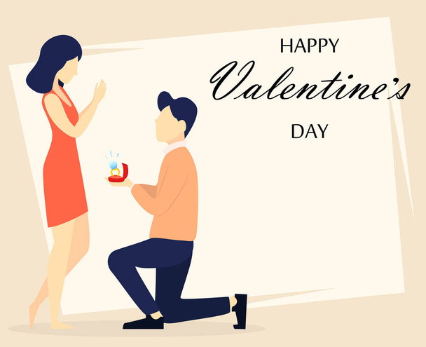 Valentines day. Couple in love, romantic moment, young man making marriage proposal to his beloved woman. Usable for 8 of March, Women day. Vector illustration - Vector, Image