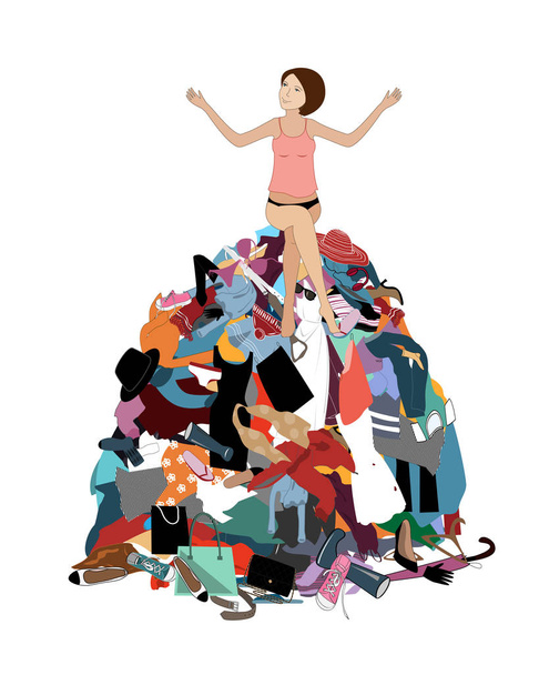 Nothing to wear concept, young attractive stressed woman seating in a pile of messy clothes gotten out of closet. Vector illustration - Vector, Image