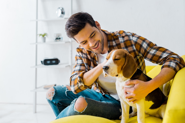 happy man spending time with beagle dog at home - Photo, Image
