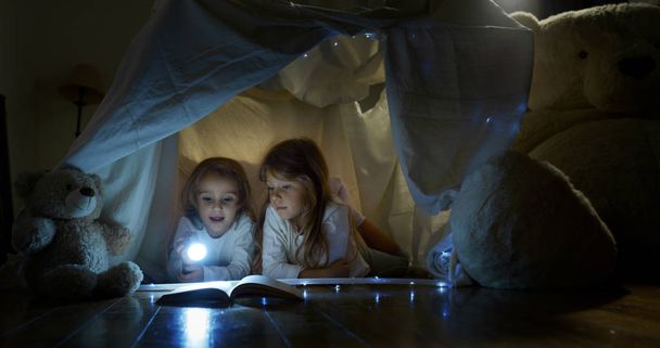 Two little girls sisters (kids) read stories in the dark under the blanket illuminating with a torch. Concept: Love, Family, Dreams - Foto, afbeelding