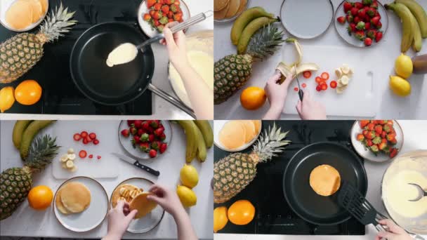 4 az 1-ben-, hogy tápláló, ízletes reggelit. palacsinta, friss gyümölcsökkel. kollázs - Felvétel, videó