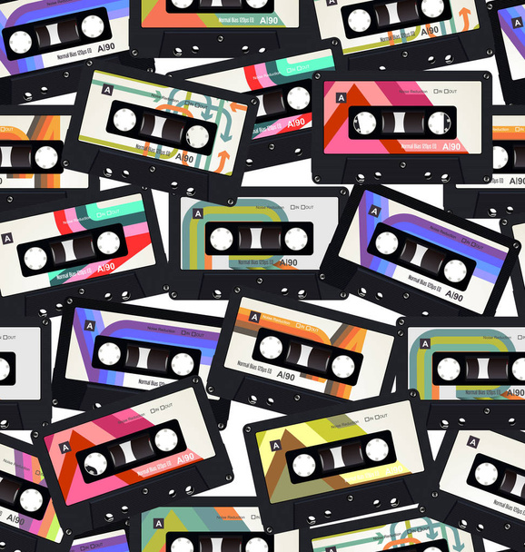 Seamless pattern with old audio cassettes colorful background - Vektor, obrázek