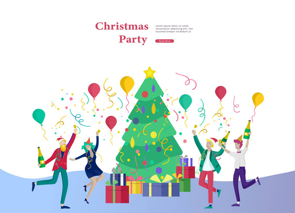 Landing page template or card winter Holidays corporate Party. Merry Christmas and Happy New Year with People Characters. Company of young friends or colleagues celebrates - Διάνυσμα, εικόνα