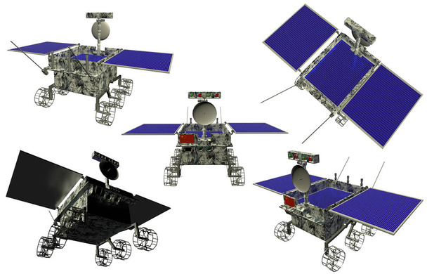 Esplorazione rover lunare in diverse angolazioni su sfondo bianco. Illustrazione 3D
 - Foto, immagini