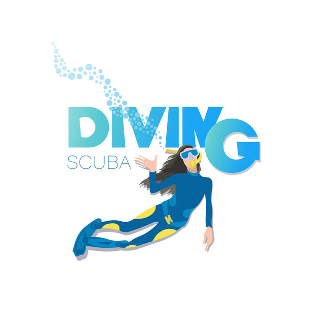 Mladá žena v potápěčský oblek a ploutve, plavání pod vodou. Sportovní potápění. Plakát s obrázkem na bílém pozadí. - Vektor, obrázek