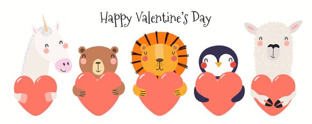 Ruce byly karty s roztomilý legrační zvířata drží srdce, text Happy Valentines den izolované na bílém pozadí. Vektorové ilustrace. Plochý design skandinávský styl. Tisk konceptu dětí - Vektor, obrázek