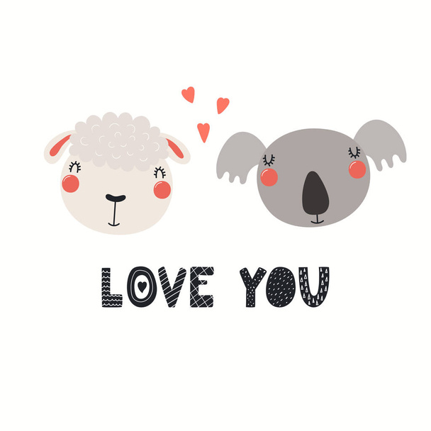 Hand drawn Valentines day card with cute funny sheep and koala with hearts, text Love you Isolated on white background. Vector illustration. Scandinavian style flat design. Concept children print - Vektör, Görsel
