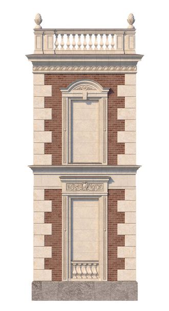 Fasada domu w stylu klasycznym z czerwonej cegły z niszami w jasnych kolorach. renderowania 3D. - Zdjęcie, obraz