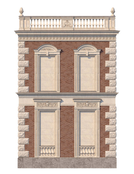 De gevel van het huis in de klassieke stijl van rode baksteen met nissen in felle kleuren. 3D-rendering. - Foto, afbeelding
