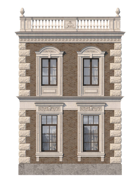 De gevel van het huis in de klassieke stijl van bruine baksteen met windows. 3D-rendering. - Foto, afbeelding