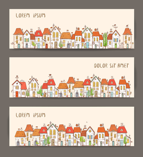 Cute colored doodle houses  on blue background. Vector illustration - Vector, Image