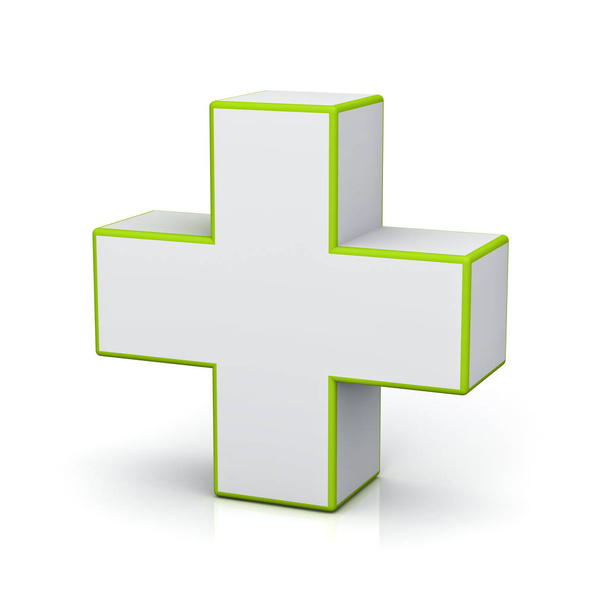 Wit met groene rand plus teken geïsoleerd op een witte achtergrond met schaduw en reflectie 3D-rendering - Foto, afbeelding