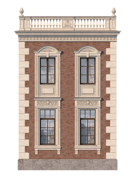 The facade of the house in the classical style of red brick with windows. 3d rendering. - Photo, Image
