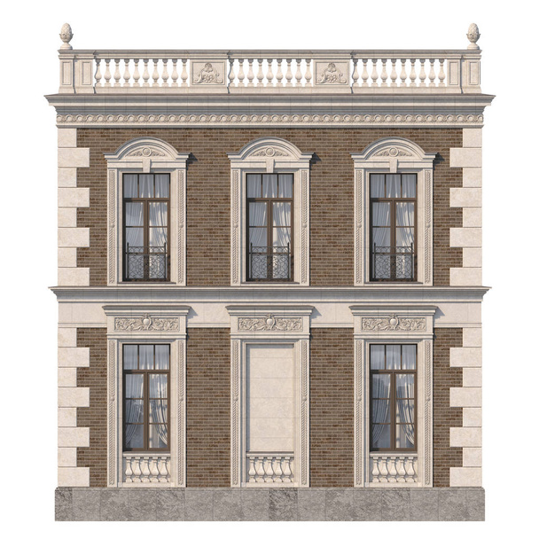 die Fassade des Hauses im klassischen Stil aus braunem Backstein mit Nische und Fenstern. 3D-Darstellung. - Foto, Bild