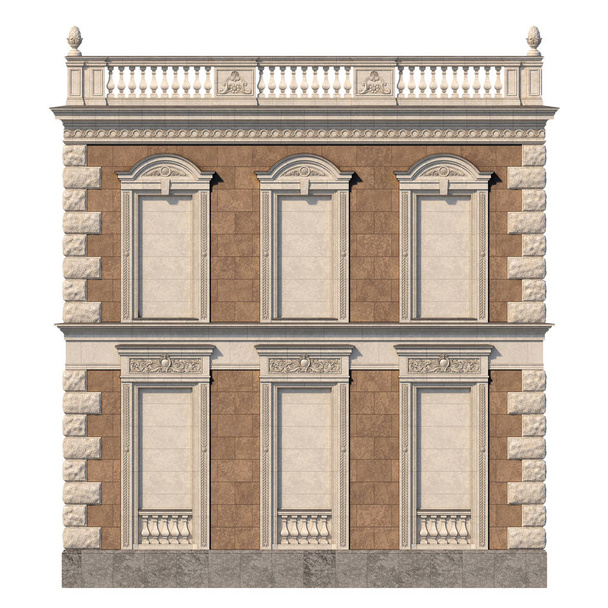 Fassade eines klassischen Hauses mit Nischen in hellen Farben und braunem Stein. 3D-Darstellung - Foto, Bild
