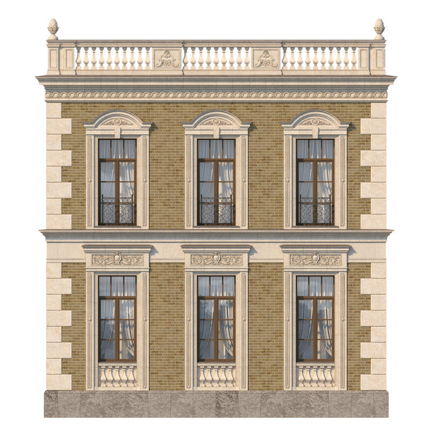 The facade of the house in the classical style of beige brick with windows. 3d rendering. - Photo, Image