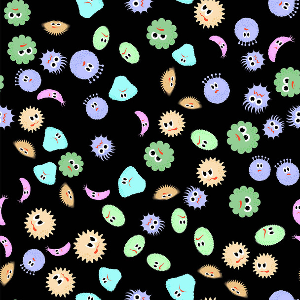 Διάφορα καρτούν μικρόβια απρόσκοπτη μοτίβο σε μαύρο φόντο. Πανδημία χρωματιστό Backteria. Κακή επικίνδυνων ιών. Backterial Mickroorganism τα μικρόβια. Βακτήριο τέρατα - Φωτογραφία, εικόνα