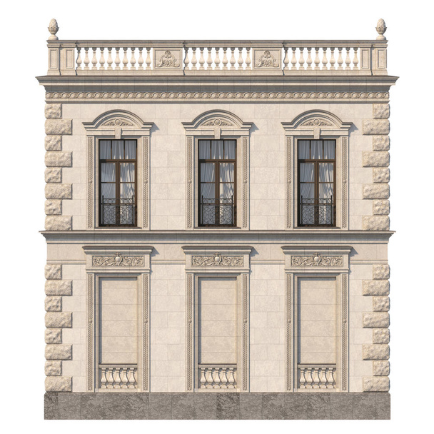Klasik bir tarzı evi taş fasade bej tonları ve niş ile. 3D render - Fotoğraf, Görsel