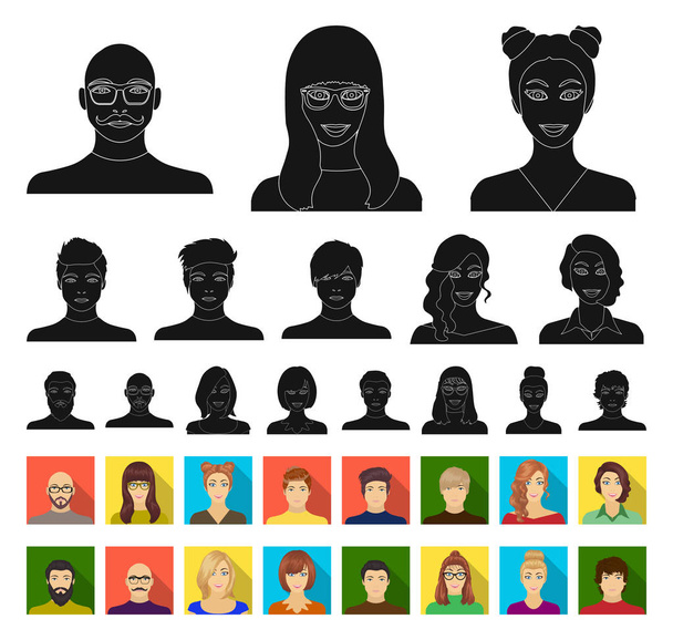Avatar e rosto preto, ícones planos em coleção de conjuntos para design. Uma aparência de pessoas símbolo vetorial web ilustração
. - Vetor, Imagem