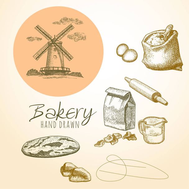 panificio disegnato a mano con mulino e pane di grano illustrazione vettoriale  - Vettoriali, immagini