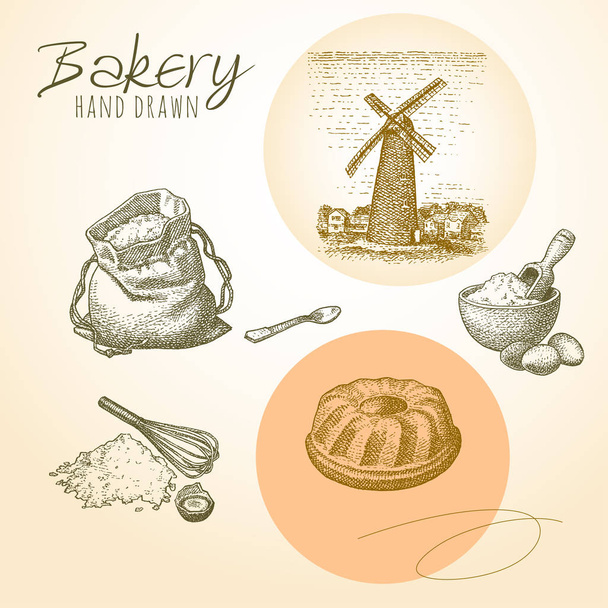padaria mão desenhada com moinho e pão de trigo ilustração vetorial  - Vetor, Imagem