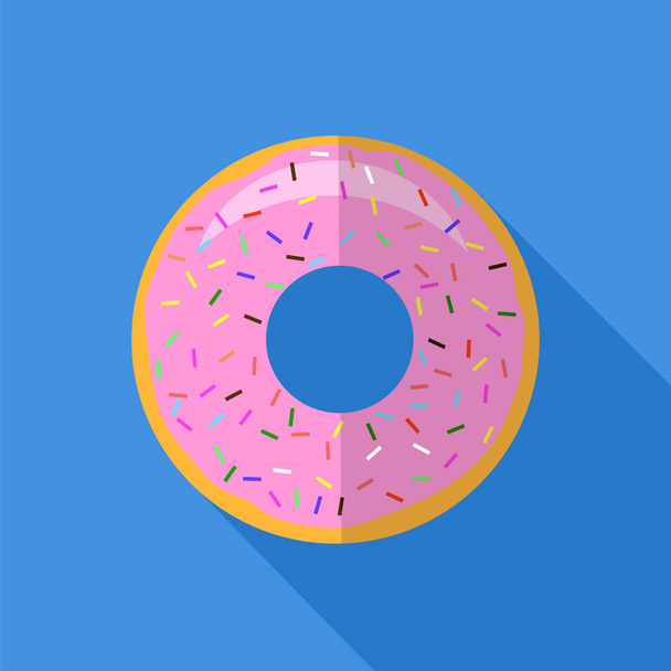 süße Glasur rosa Donut isoliert auf blauem Hintergrund. Fast Food-Ikone flaches Design. Ansicht von oben. - Foto, Bild