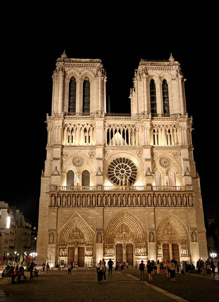 Katedrála Notre Dame de Paris v noci u některých turistů - Fotografie, Obrázek