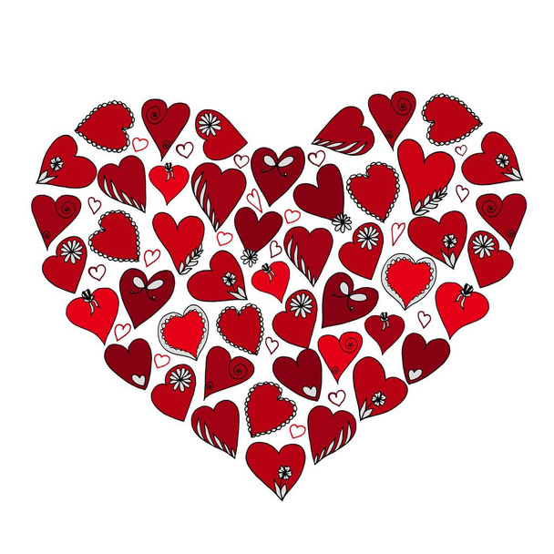 Heart shape design with red hearts. Hand drawn vector illustration. - Vektör, Görsel