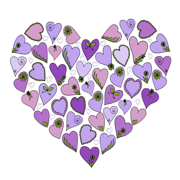 Heart shape design with purple hearts. Hand drawn vector illustration. - Vector, Image